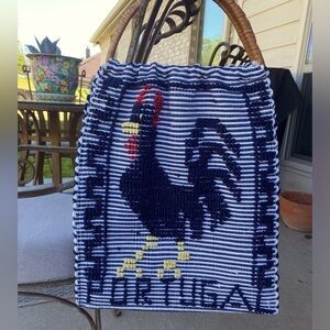 Vintage Rooster tote bag Portugal woven with rattan handle unique hand woven bag